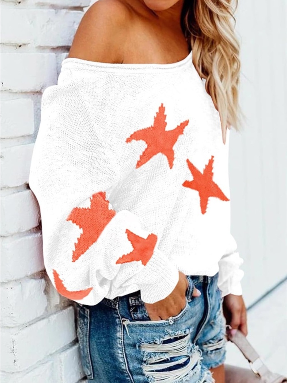 White Off-Shoulder Star Print Long Sleeve Tee